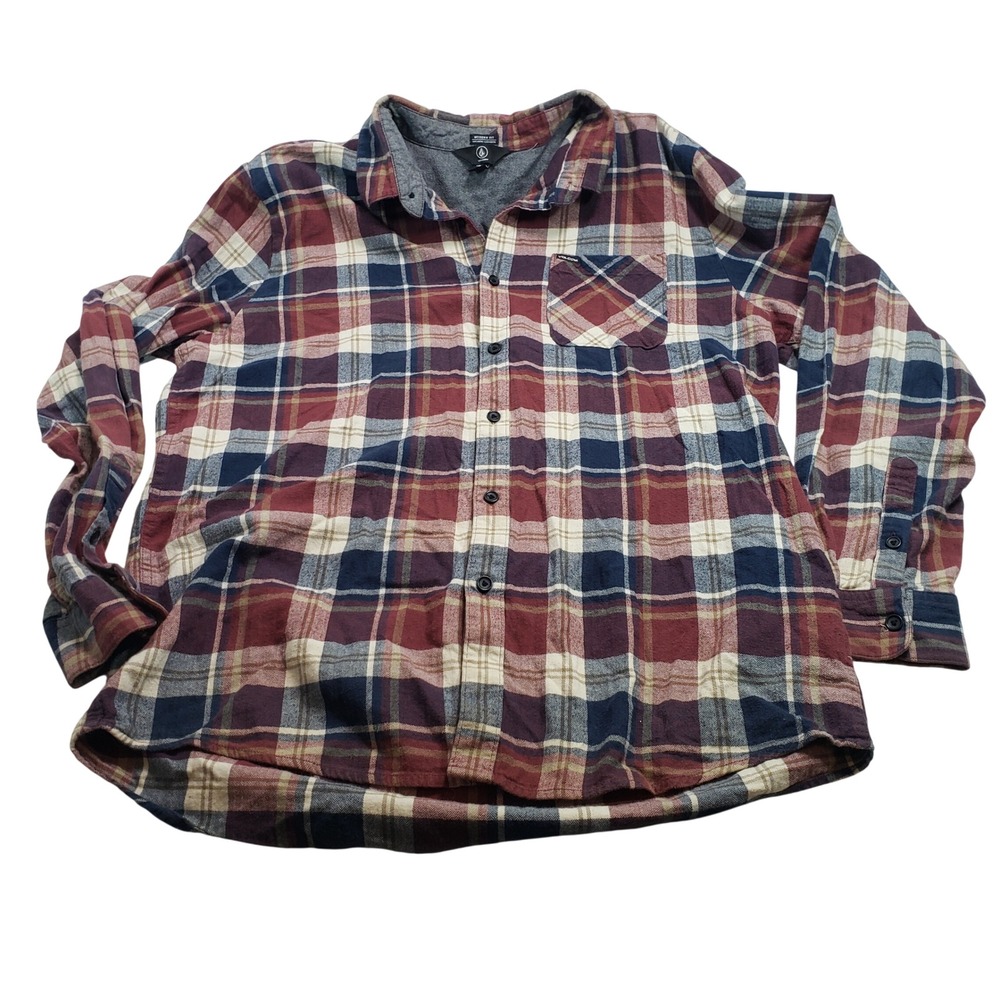Volcom Mens Modern Fit Flannel Shirt XXL Red‎ Blue Plaid